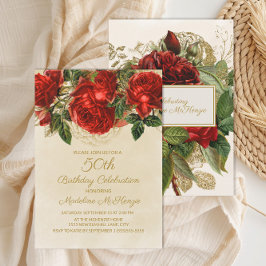 ヴィンテージエレガントレッドローゼス50誕生日 招待状
