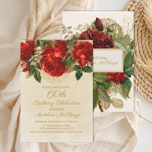 ヴィンテージエレガントレッドローゼス60誕生日 招待状