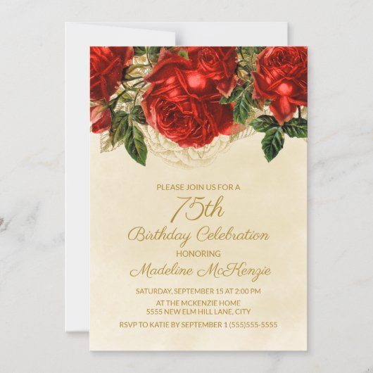 ヴィンテージエレガントレッドローゼズウィメンズ75誕生日 マグネット招待状 (正面)