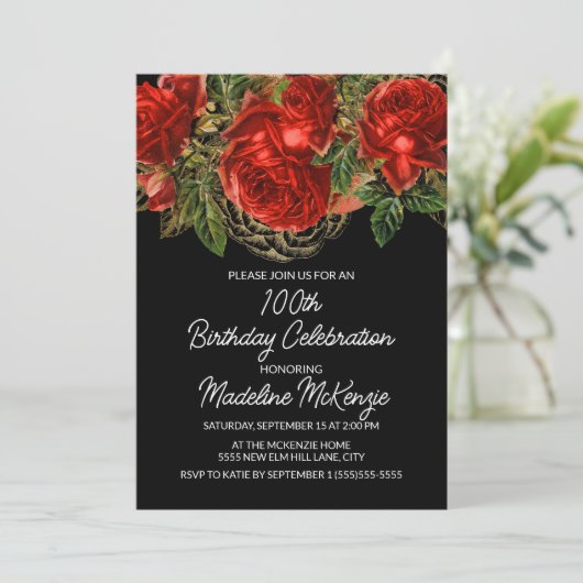 ヴィンテージエレガントレッドローゼズブラック100誕生日 招待状 (スタンド正面)