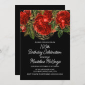 ヴィンテージエレガントレッドローゼズブラック100誕生日 招待状 (正面/裏面)