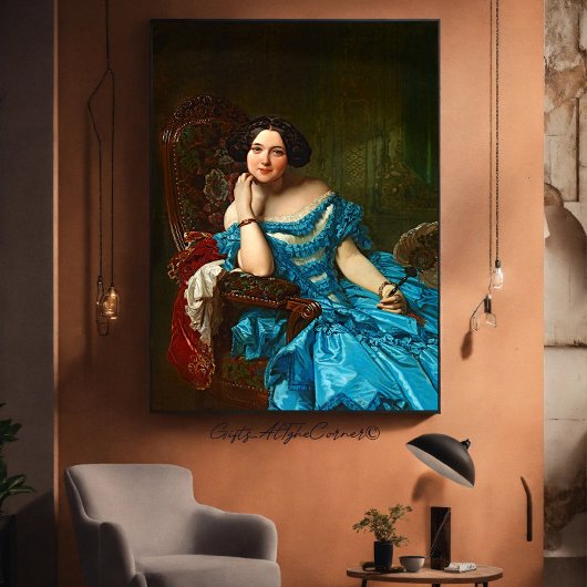 ヴィンテージエレガントレディーブルー・グリーン・ドレス キャンバスプリント