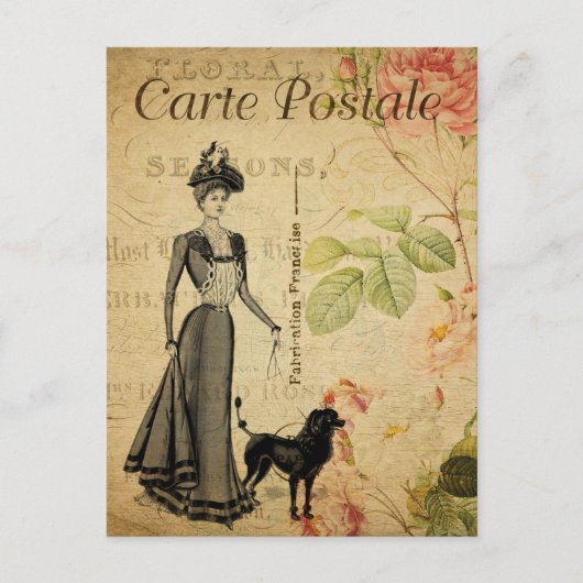 ヴィンテージエレガントレディ歩く彼女のプードルドッグフランスの ポストカード (正面)