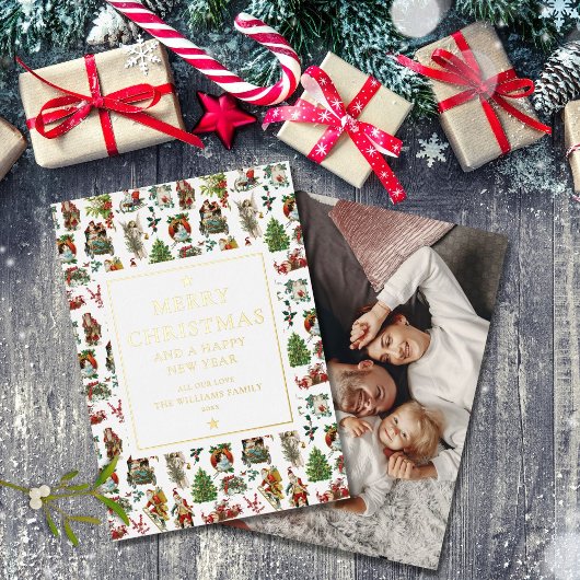 ヴィンテージエレガントレトロクリスマスフォト金ゴールド 箔シーズンカード