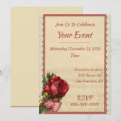 ヴィンテージエレガントロマンチックフローラバラレーストリム 招待状 (正面/裏面)