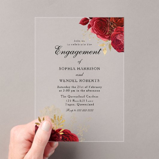 ヴィンテージエレガントロマンチックレッドローズ婚約パーティ アクリル招待状 (インサイチュ (ポータブル))