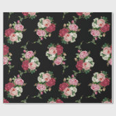 ヴィンテージエレガントローズブケッツ – 黒背景 ラッピングペーパー (フラット)