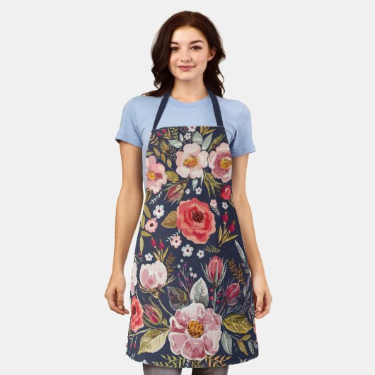 ヴィンテージエレガントワイルドフラワーネイビーブルーフローラ エプロン (着用した状態)