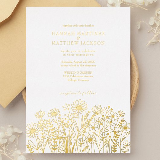 ヴィンテージエレガントワイルドフローズシック金ゴールド結婚ズ 箔招待状