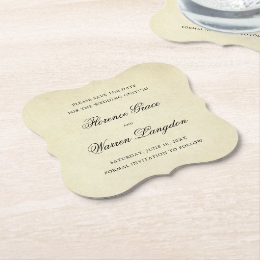 ヴィンテージエレガント以外の写真の結婚式の日付の保存 ペーパーコースター (アングル)