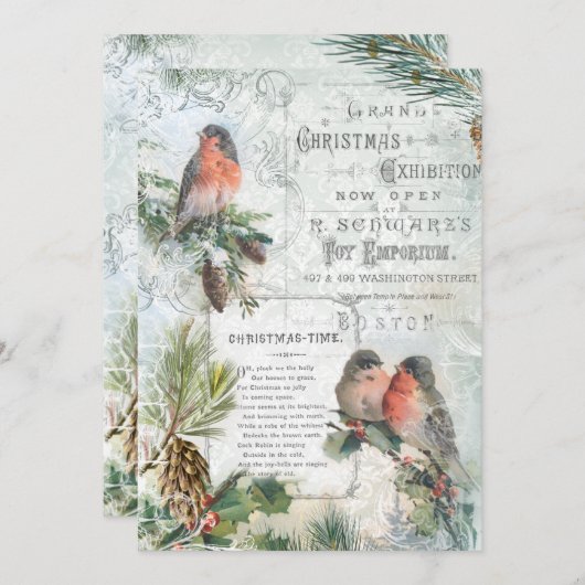 ヴィンテージエレガント冬クリスマスロビンス シーズンカード (正面/裏面)