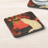 ヴィンテージエレガント動物，白猫，秋の花 コースター (左側)