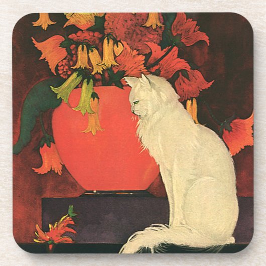 ヴィンテージエレガント動物，白猫，秋の花 コースター (正面)