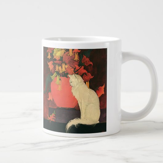 ヴィンテージエレガント動物，白猫，秋の花 ジャンボコーヒーマグカップ (右)
