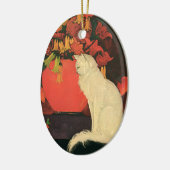 ヴィンテージエレガント動物，白猫，秋の花 セラミックオーナメント (左)