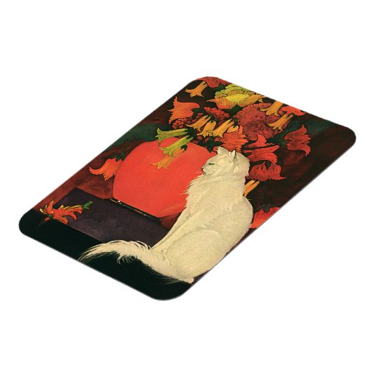 ヴィンテージエレガント動物，白猫，秋の花 マグネット (左側)