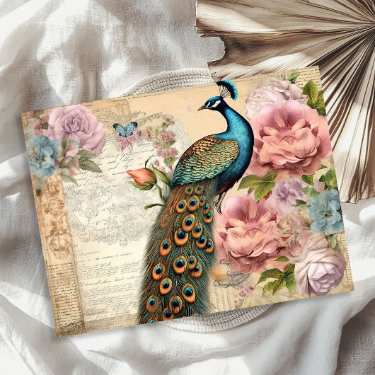 ヴィンテージエレガント孔雀および赤面バラ 薄葉紙