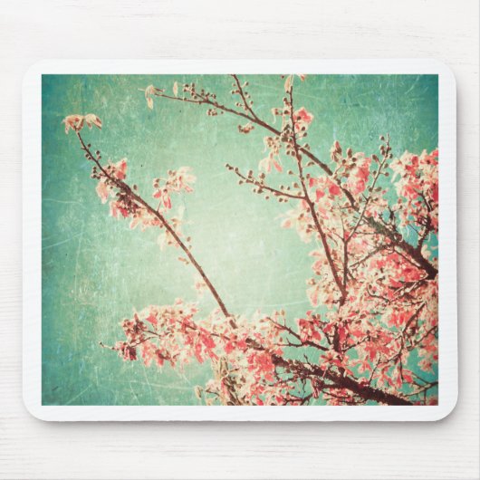 ヴィンテージエレガント擦り切れたティール（緑がかった色）ウッド&さくらんぼブロッサム マウスパッド (正面)