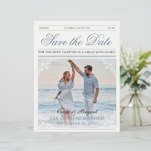 ヴィンテージエレガント新聞の結婚式の日付を保存 (スタンド正面)