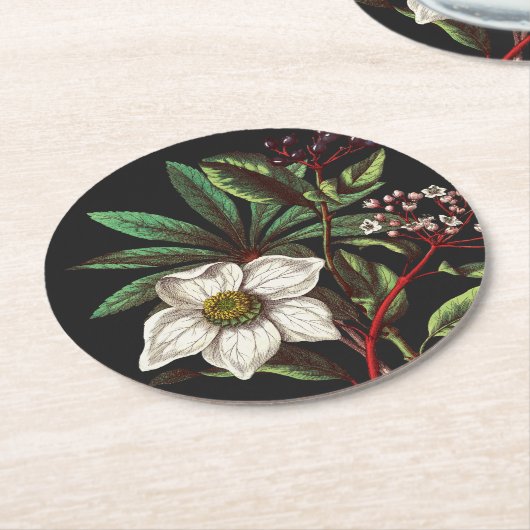 ヴィンテージエレガント植物性クリスマスバラ花 ラウンドペーパーコースター (アングル)