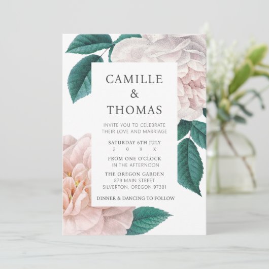 ヴィンテージエレガント植物性ピンク牡丹フローラ 招待状 (スタンド正面)