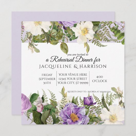 ヴィンテージエレガント植物牡丹フローララベンダー 招待状 (正面/裏面)