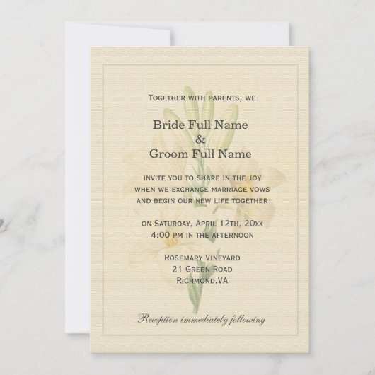 ヴィンテージエレガント植物芸術ホワイトリリ結婚ス 招待状 (正面)