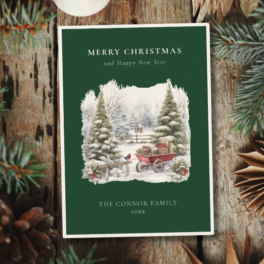 ヴィンテージエレガント水彩冬のロビンの森 シーズンカード