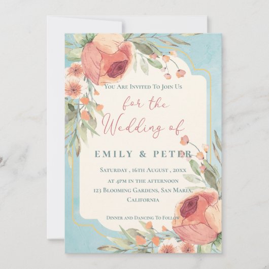 ヴィンテージエレガント水彩青フローラ結婚ズ 招待状 (正面)