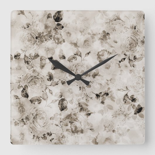 ヴィンテージエレガント白灰色アイボリーバラフローラ スクエア壁時計 (正面)