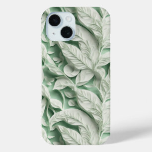 ヴィンテージエレガント白緑植物葉柄 iPhone 15ケース