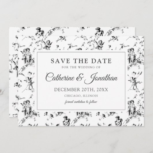 ヴィンテージエレガント白黒トイルキューピッドエンジェルス セーブザデート (正面/裏面)