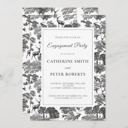 ヴィンテージエレガント白黒トイルディアー 招待状 (正面/裏面)