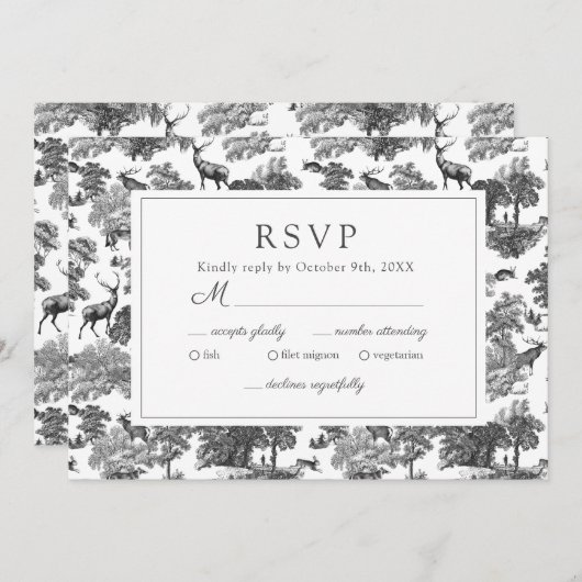 ヴィンテージエレガント白黒トイルディアーRSVP 招待状 (正面/裏面)