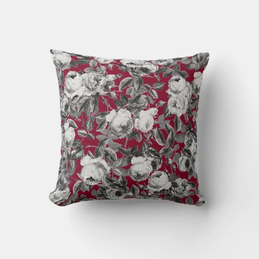 ヴィンテージエレガント白黒バラオンブルゴーニュ クッション (正面)