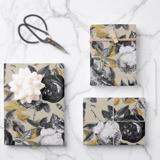 ヴィンテージエレガント白黒バラフローラベージュ ラッピングペーパーシート (正面)