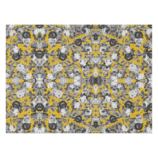 ヴィンテージエレガント白黒バラマスタードイエロー テーブルクロス (正面(横))