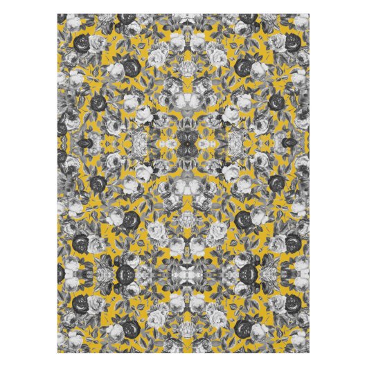 ヴィンテージエレガント白黒バラマスタードイエロー テーブルクロス (正面)