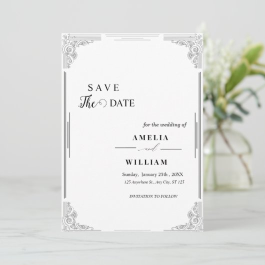 ヴィンテージエレガント白黒日付カードの保存 セーブザデート (スタンド正面)