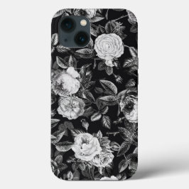ヴィンテージエレガント白黒植物学フローラバラ iPhone 15ケース