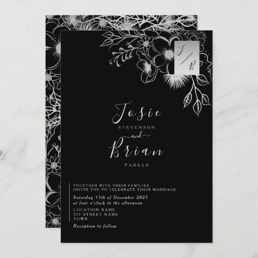 ヴィンテージエレガント白黒結婚ズ 招待状 (正面/裏面)