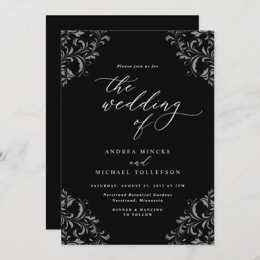 ヴィンテージエレガント白黒結婚式招待状 招待状 (正面/裏面)