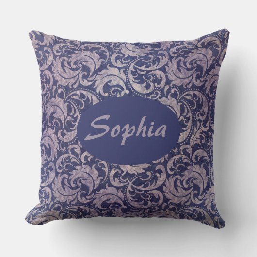 ヴィンテージエレガント紫ダマスク模様 クッション (正面)