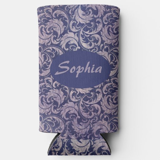 ヴィンテージエレガント紫ダマスク模様 スリム缶クーラー (正面)