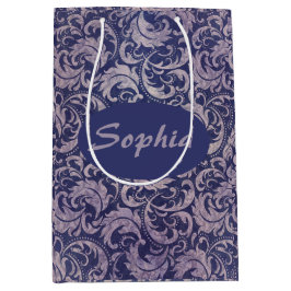 ヴィンテージエレガント紫ダマスク模様 ミディアムペーパーバッグ