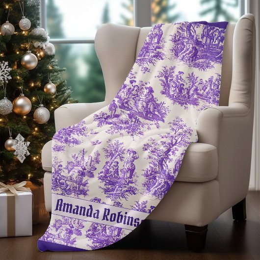 ヴィンテージエレガント紫色トワールデジュイミモノグラム フリースブランケット