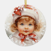 ヴィンテージエレガント美しいクリスマスの女の子と赤い弓 セラミックオーナメント (正面)