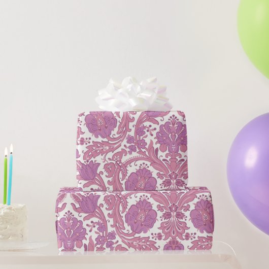 ヴィンテージエレガント花柄パープルピンク花 ラッピングペーパー (パーティーギフト)
