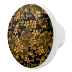 ヴィンテージエレガント花柄  ブラック&金ゴールド セラミックノブ