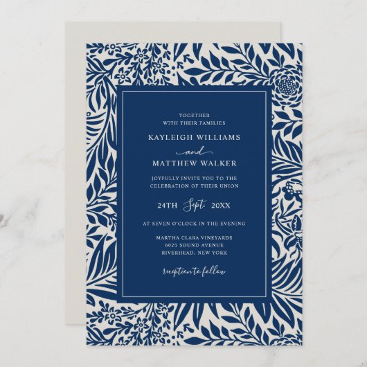 ヴィンテージエレガント花柄 |青い招待状 招待状 (正面/裏面)